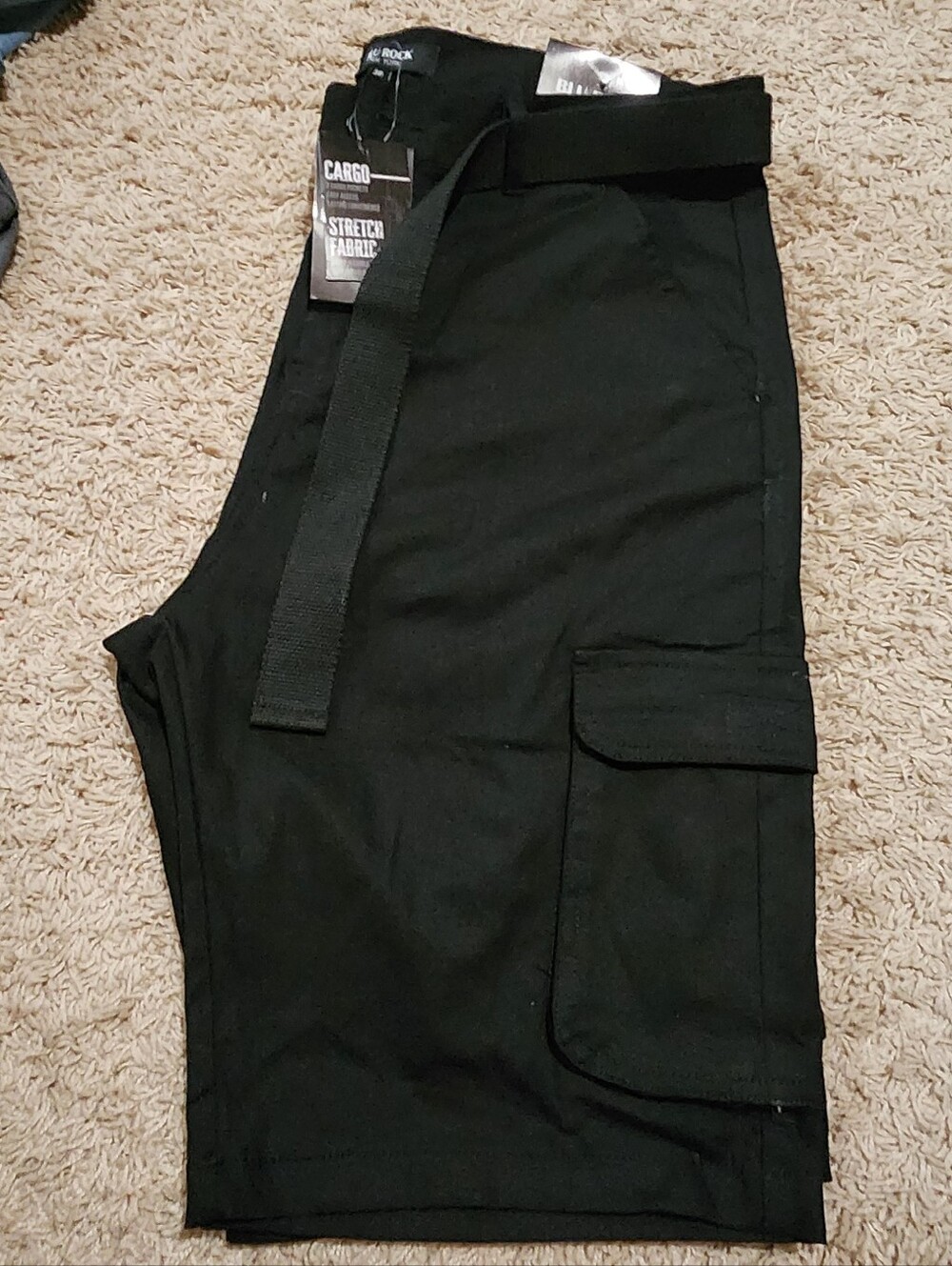 Black Cargo Stretch Fabric Shorts with Belt
